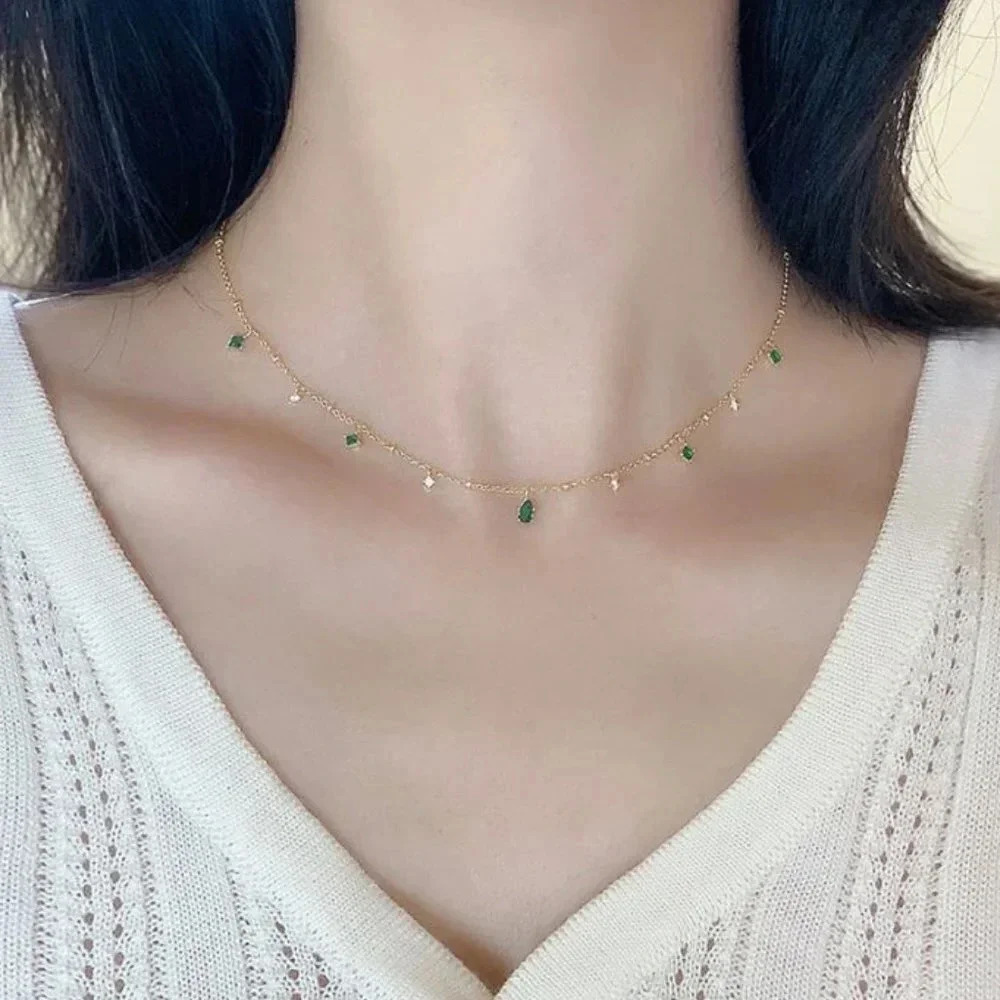 925 Sterling Silver Dainty Emerald Drops Necklace